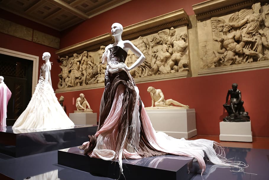 statue, woman, wearing, pink, black, dress, theatre, mannequin, museum, art