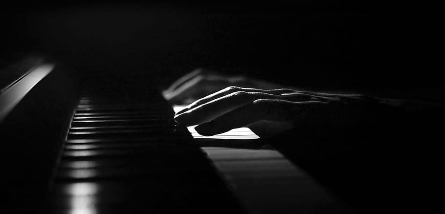 grayscale photography, person, playing, piano, hands, music, instrument, indoors, musical instrument, piano key