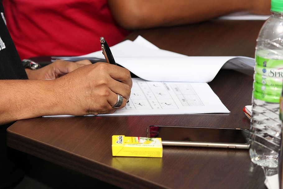 person, holding, ballpoint pen, white, printer paper, study, exercise, education, write, pen