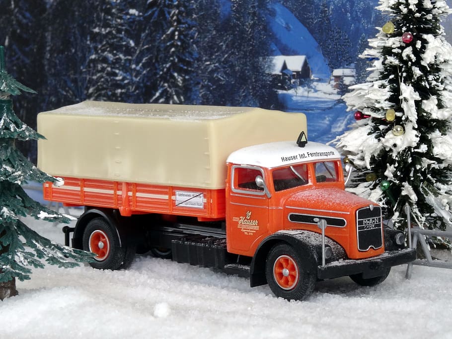 truck, christmas, christmas tree, winter, man f8, model train, snow, toy car, model, diorama