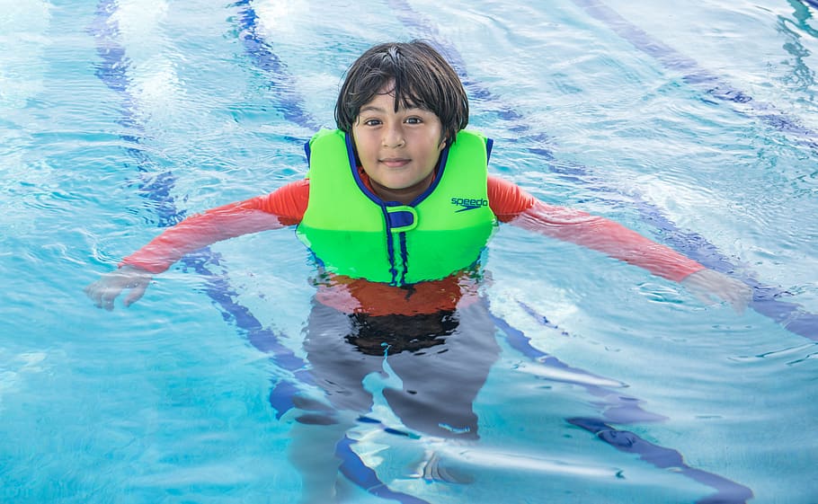 swimming, life preserver, boy, person, happy, pool, green, young, smiling, protection