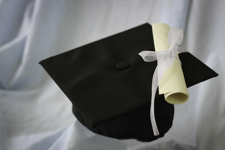 black, acamedic hat, white, textile, graduation, scroll, cap, university, student, studio shot