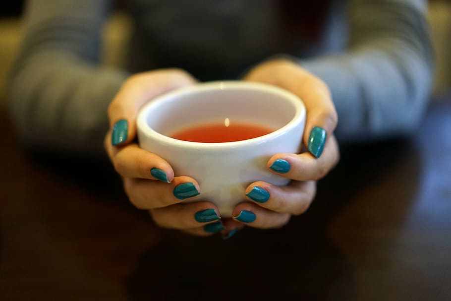 person, teal manicure, holding, white, ceramic, bowl, tea, cup, tea cup, hot