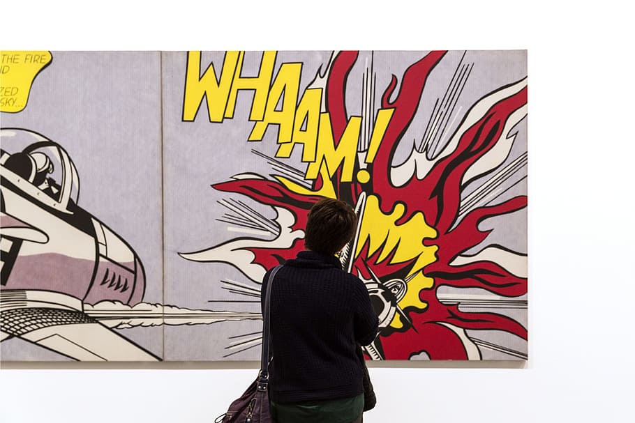 pessoa, parece, arte pop, galeria de arte, Londres, Inglaterra, Roy Lichtenstein, pessoas, arte, adulto