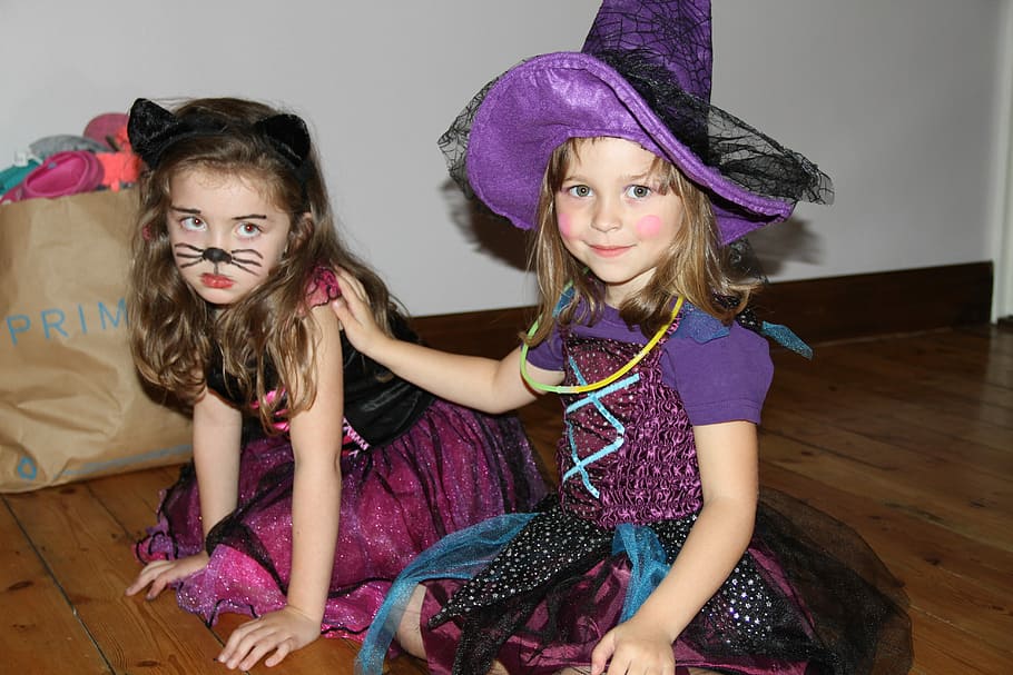 two, girls, costume, sitting, floor, halloween, face paint, happy, cute, child