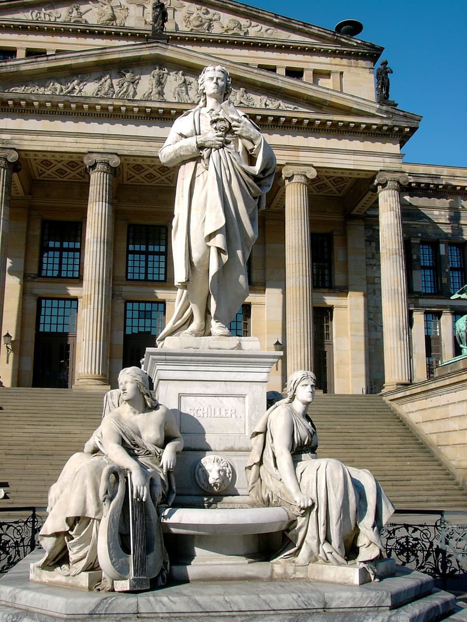 schauspielhaus, monument to schiller, gendarmenmarkt, berlin, sculpture, statue, art and craft, representation, architecture, human representation