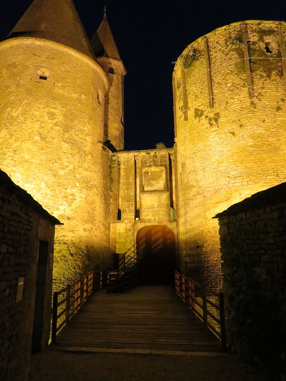 castillo, chateauneuf-en-auxois, edad media, muro de piedra, medieval, fotografía nocturna, borgoña, arquitectura, estructura construida, exterior del edificio
