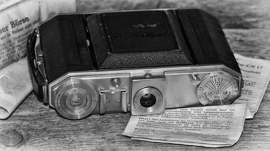 kamera, fotografi, deskripsi, instruksi, rekaman antik, lama, dekat, hitam dan putih, kamera - peralatan fotografi, tema fotografi