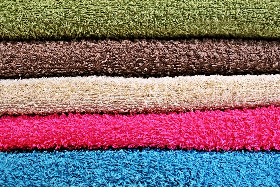 vários têxteis de cores sortidas, plano de fundo, toalhas, coloridos, cor, toalhas de banho, seco, têxtil, macio, estrutura