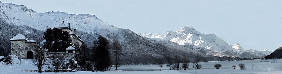 white, gray, concrete, house, trees, mountain, cover, snow, daytime, panorama