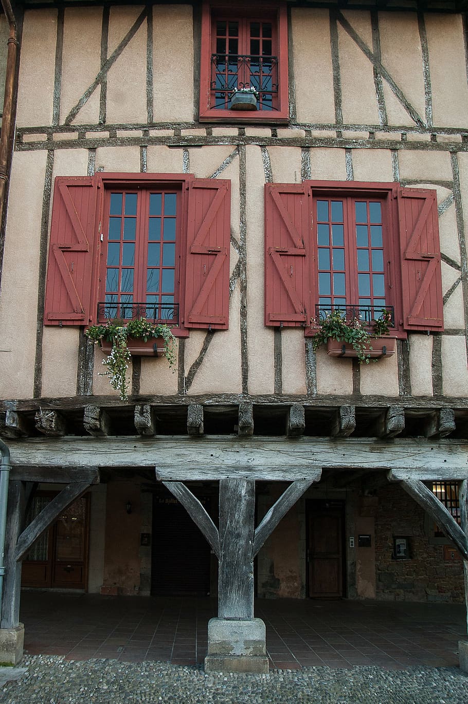 france, mirepoix, timbered houses, arcades, south of france, architecture, built structure, building exterior, window, building