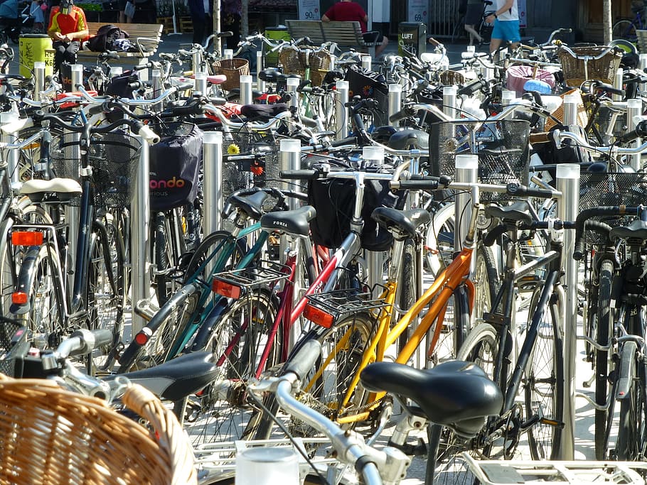 bicycles, parking, transport, cycling, city, bicycle, transportation, land vehicle, mode of transportation, large group of objects