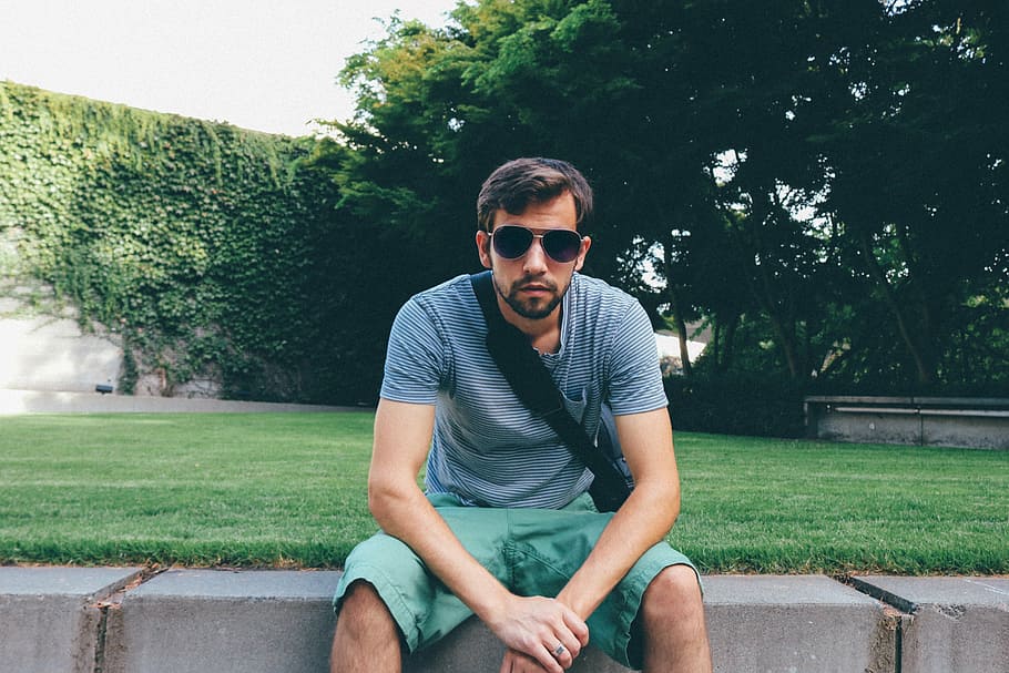 man, sitting, concrete, bench, guy, male, young, adult, handsome, person