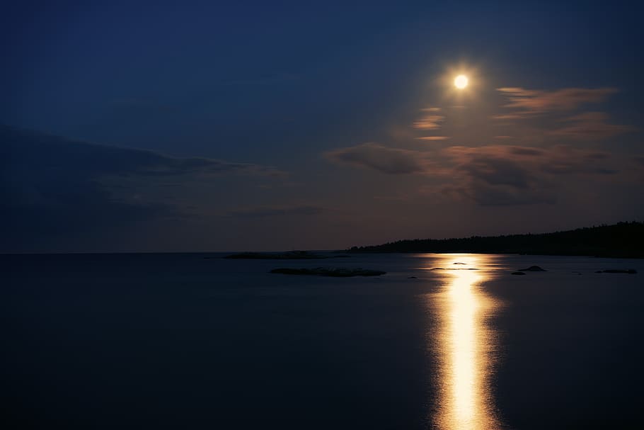 moon, baltic, fold, sky, water, tranquility, scenics - nature, tranquil scene, beauty in nature, reflection