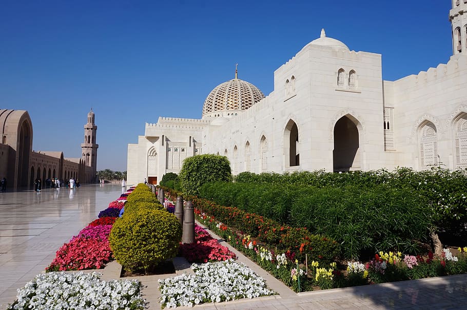 gray, concrete, building, surrounded, plants, daytime, Muscat, Oman, Garden, Architecture, Arab