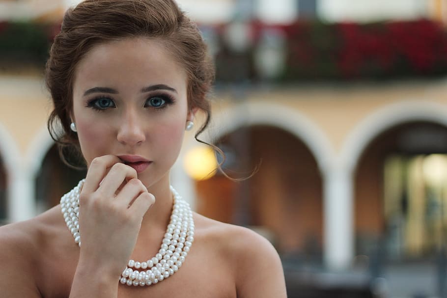 selective, woman, right hand, lips, wearing, pearl necklace, model, portrait, attractive, cute