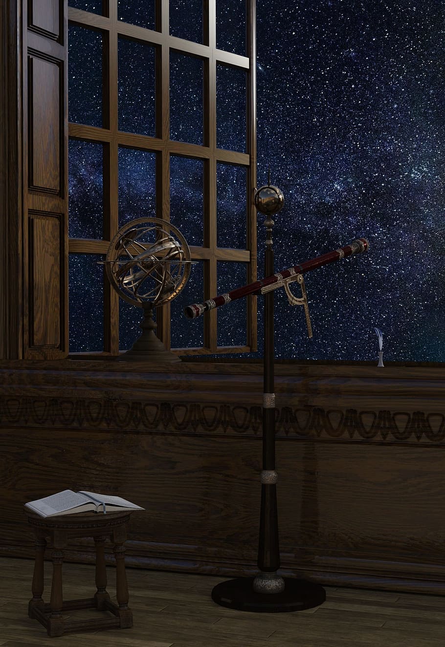 telescope, astrology, astronomy, cosmos, space, middle ages, star, constellation, old, window
