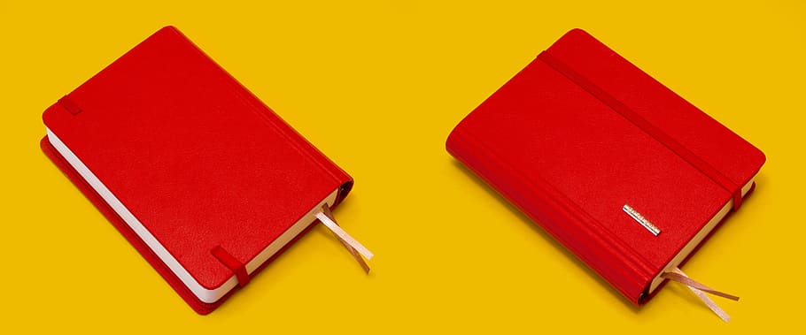 notebook, red, yellow background, business, yellow, pen, note pad, office supply, studio shot, book