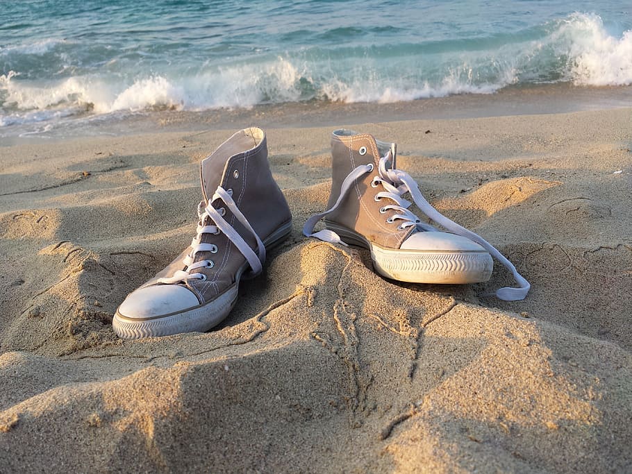 gray, high-top sneakers, seashore, sneakers, beach, sea, sand, wave, shoe, outdoors