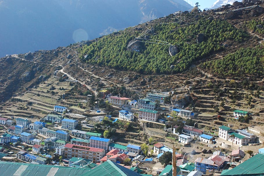nepal, the himalayas, namche bazar, view of namche bazar, architecture, building exterior, high angle view, mountain, built structure, day