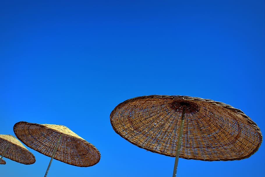 parasols, sky, blue sky, sun umbrella, holiday, blue, shade tree, chill out, clear sky, low angle view
