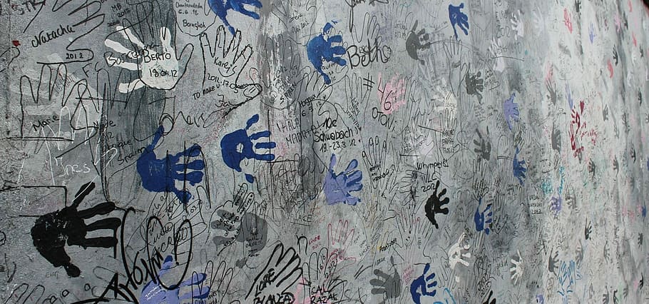 gray, concrete, panel, assorted-color hand prints, Berlin, Wall, Germany, War, History, berlin, wall