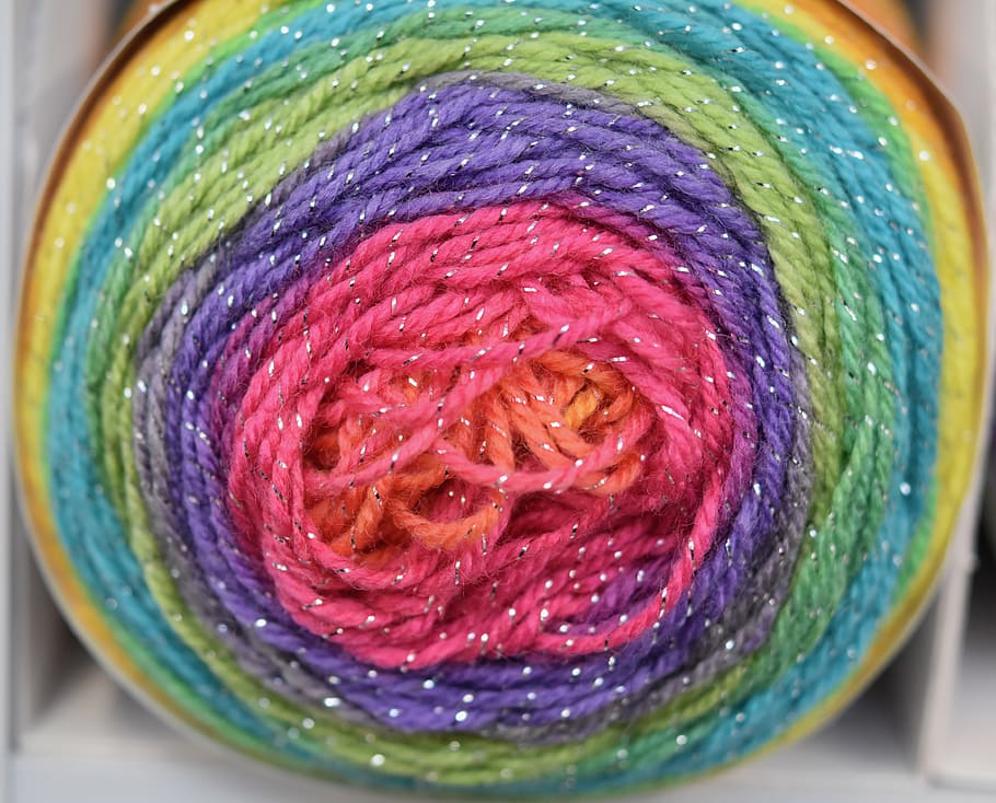 ball of wool, multiple colors, colors orange pink purple, purple green, wire money, create, couture, work long needles, wool, knitting