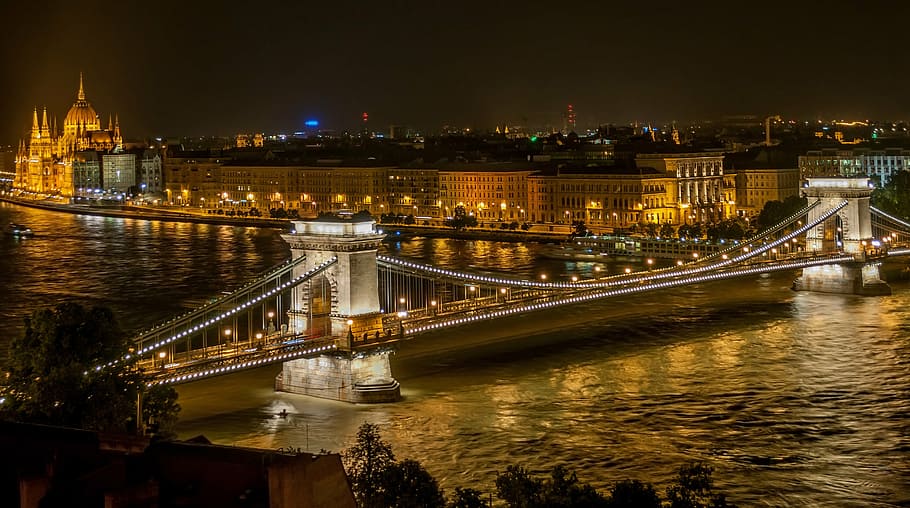 lighted, suspension bridge, city, budapest, bridge, water, chain bridge, panorama, river, architecture