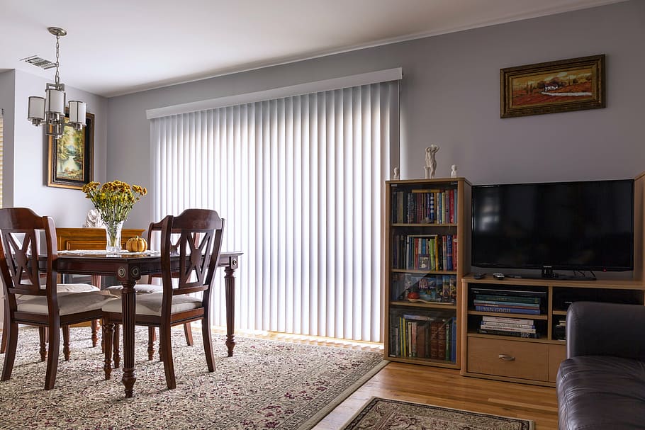 flat, screen tv, brown, wooden, stand, vertical blinds, sliding door, blinds, window treatment, home