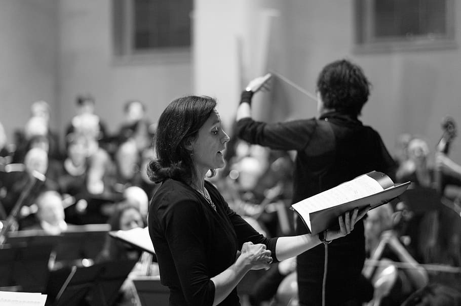 grayscaled photo, choir, classical music, orchestra, singer, two people, incidental people, music, people, education