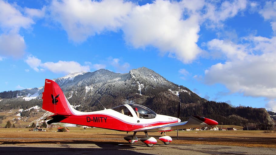 red, white, plane, field, cloudy, sky, fly, airport, allgäu, glider pilot