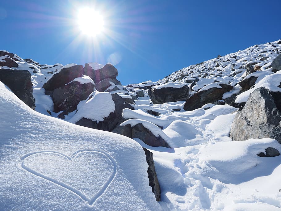 putih, salju, gunung, matahari, hati, herzchen, batu, hiking, selandia baru, langit