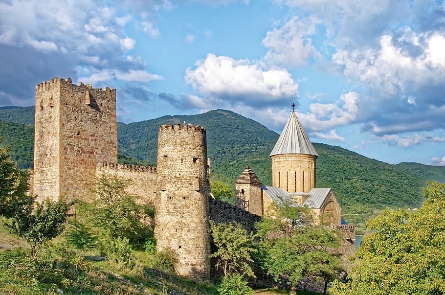 georgia, castle ananuri, church of the redeemer, fortress, church, landscape, sky, clouds, mountains, history