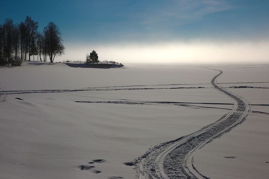 Kalix, Snowmobile, Tracks, Mist, Winter, snowmobile tracks, snow, nature, landscape, cold - Temperature