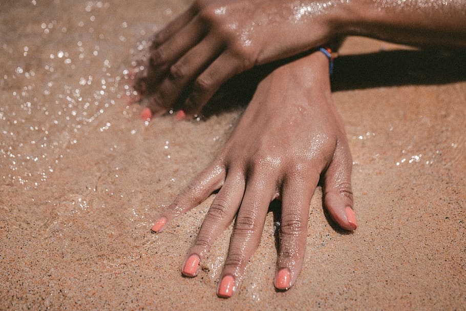 sea, water, beach, sand, suntan, hand, human hand, human body part, body part, nail