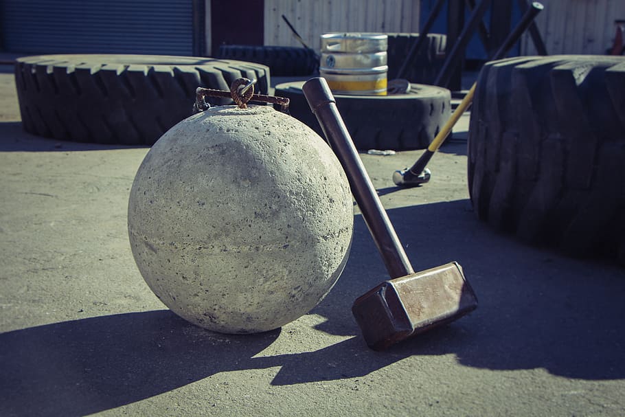 hammer, weight, bodybuilding, weightlifting, gym, outdoor, crossfire, mallet, concrete, tires