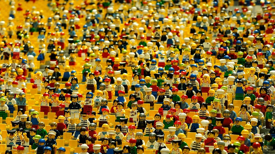 koleksi figur mini lego, lego, boneka, per, amfiteater, orang-orang, keduanya, berbagai macam karier, kerumunan, orang