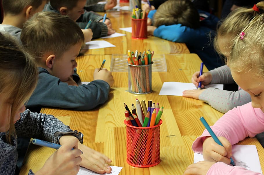 crianças, desenho, educação, jardim de infância, escola, figura, tédio, tarefa, colorir, lápis de cor