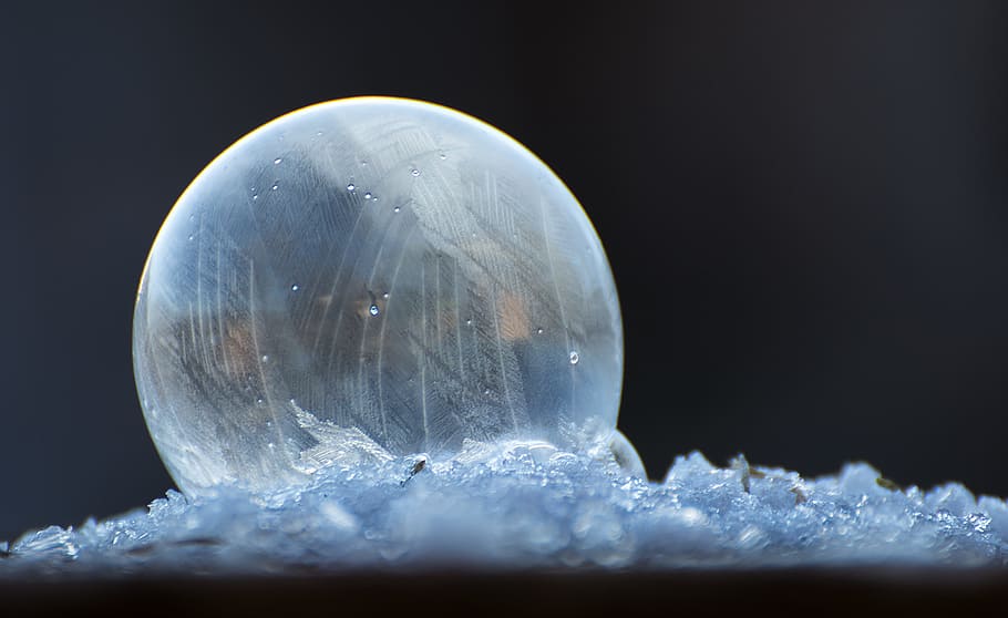 redondo, claro, adorno de vidrio, burbuja de jabón, hielo, congelado, seifenblase congelado, burbuja congelada, burbuja, invierno