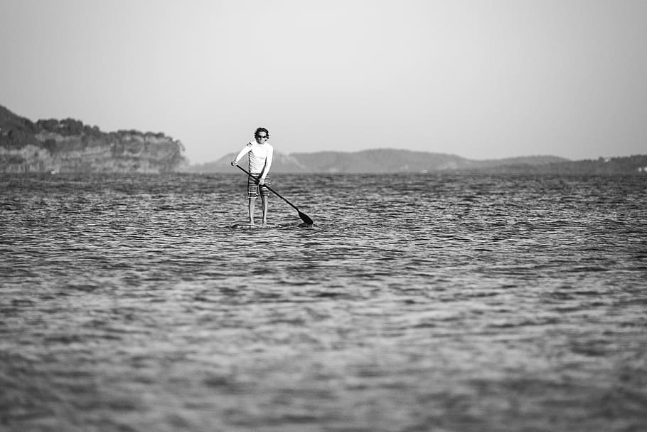 grayscale photo, man, holding, paddle, body, water, boat, sailing, people, sport