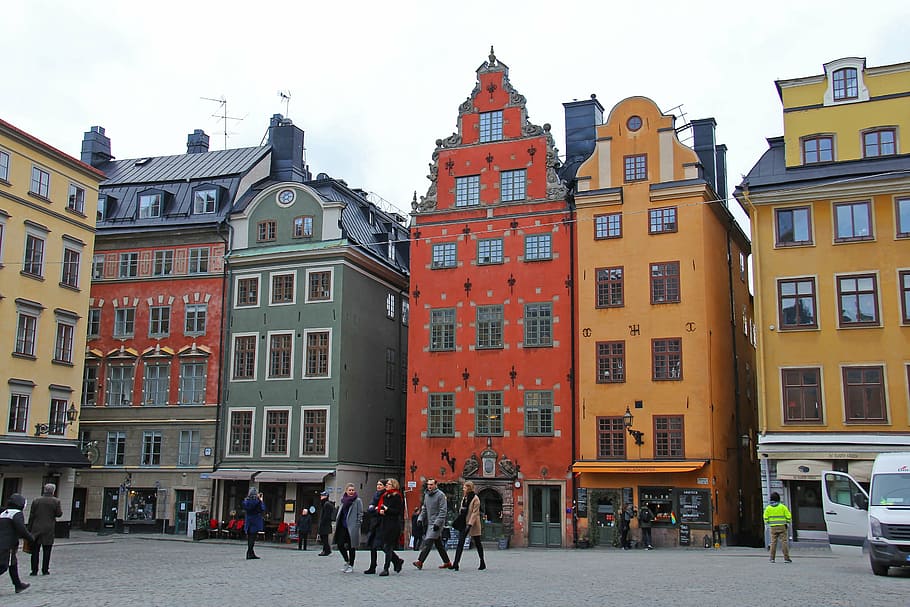 people, walking, outside, building, gamla stan, old town, city, beautiful, authentic, traditional