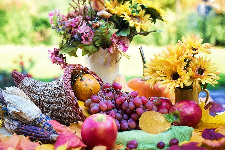 variedad, frutas, flores, durante el día, cornucopia, acción de gracias, otoño, fruta, uvas, cosecha
