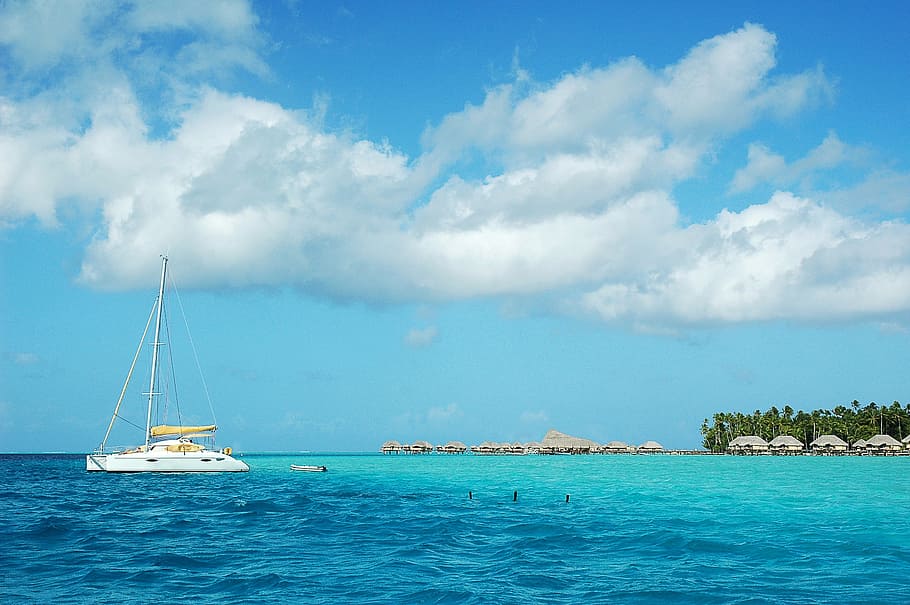 tahiti, french polynesia, island of taha'a, bungalows on stilts, pacific, blue, nautical vessel, sea, sailboat, water