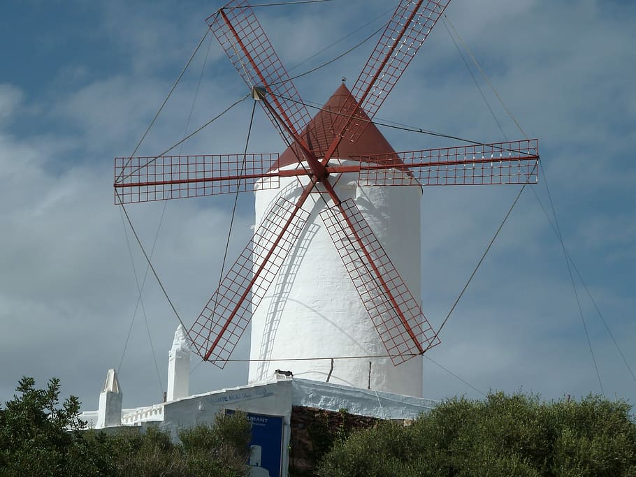 Windmill, Menorca, Spain, Balearic, mediterranean, sky, europe, white, building, summer