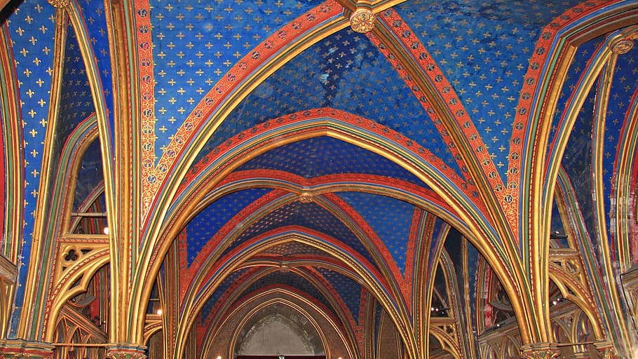 paris, saint chapelle, ceiling, blue, architecture, built structure, pattern, religion, building, design