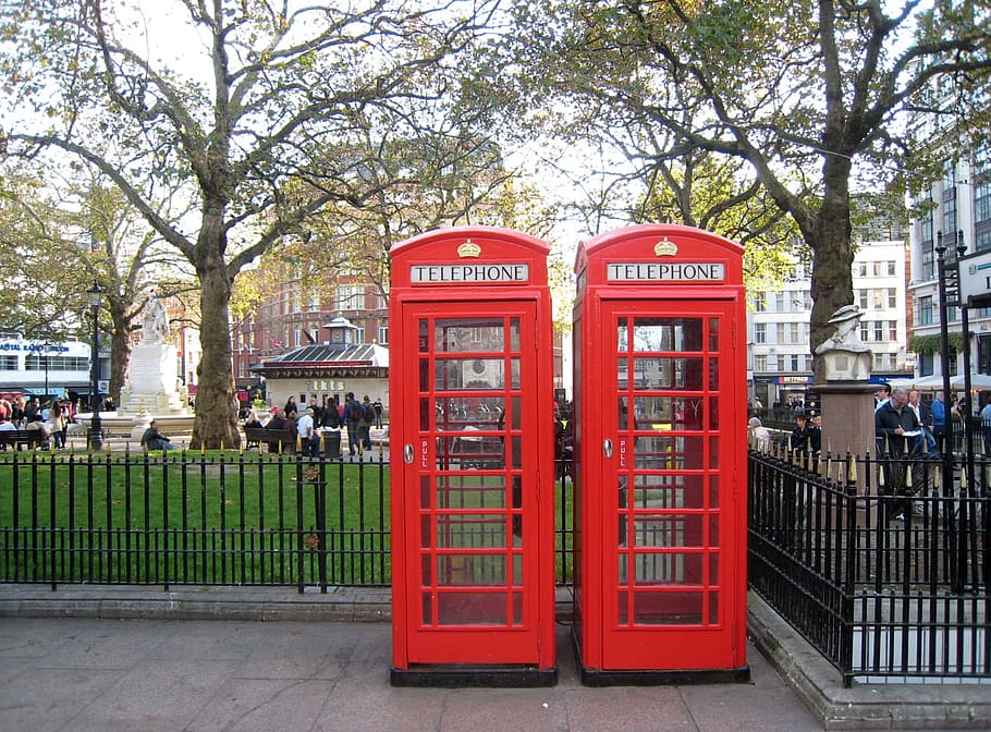 two, payphone stations, park, Dispensary, London, Red Telephone Box, england, road, british, red