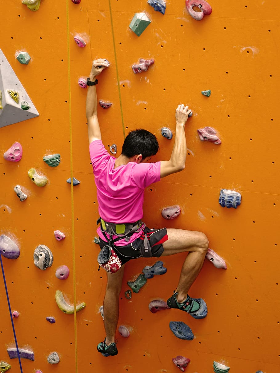 man, climbing, wall, rope, rappelling, rock, extreme, sport, activity, recreation