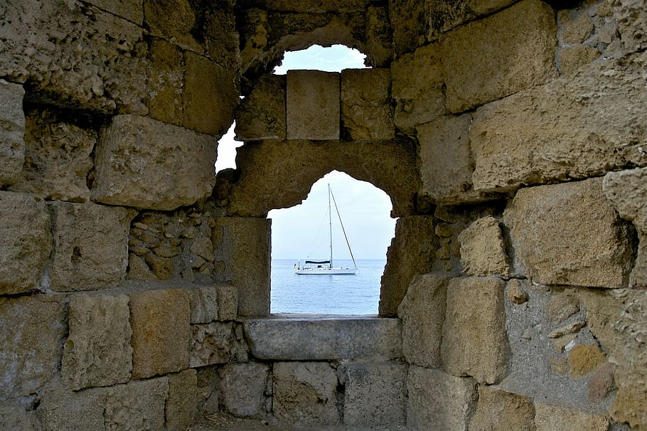 greece, wall, stone, opening, sea, ocean, water, view, nature, outside