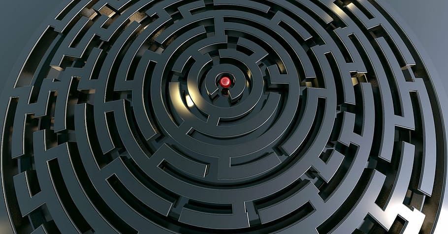 labyrinth, target, away, conception, confusion, search, ball, solution, unsolvable, blind alley