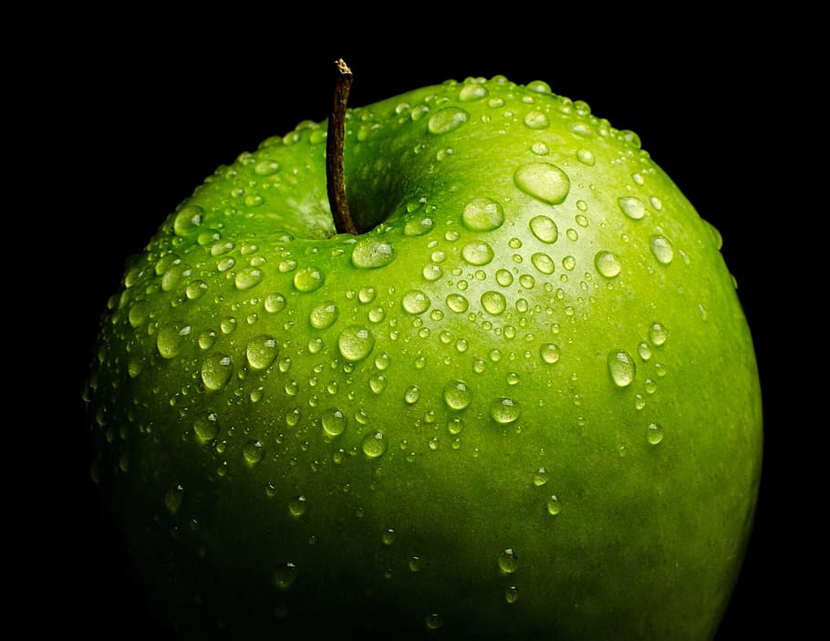 green, apple, dew drop, fresh, healthy, weight loss, granny smith apple, black background, water drops, drop